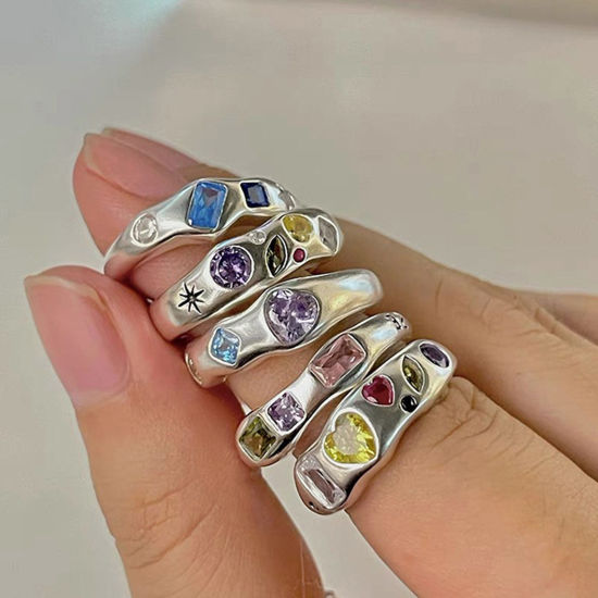 Picture of Brass Retro Open Rings Heart Rectangle Platinum Plated Multicolor Rhinestone                                                                                                                                                                                  