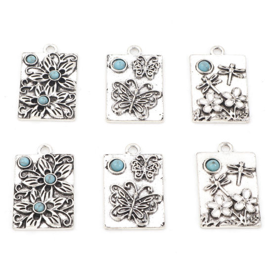 Bild von Zinklegierung Böhmischer Stil Anhänger Schmetterling Antiksilber Cyan Blumen Mit Harz Imitat Howlith Cabochons 3cm x 1.9cm, 5 Stück
