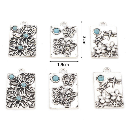 Bild von Zinklegierung Böhmischer Stil Anhänger Schmetterling Antiksilber Cyan Blumen Mit Harz Imitat Howlith Cabochons 3cm x 1.9cm, 5 Stück