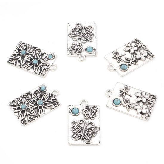 Bild von Zinklegierung Böhmischer Stil Anhänger Schmetterling Antiksilber Cyan Blumen Mit Harz Imitat Howlith Cabochons 3cm x 1.9cm, 5 Stück