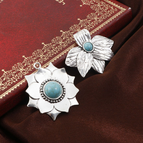 Immagine di Lega di Zinco Stile Bohemien Ciondoli Le foglie del Fiore Argento Antico Verde Blu Con Resina Cabochon Imitazione Turchese 2 Pz