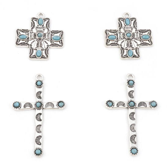 Picture of Zinc Based Alloy Boho Chic Bohemia Pendants Antique Silver Color Green Blue Cross With Resin Cabochons Imitation Turquoise