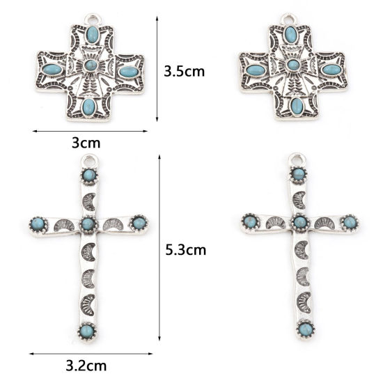 Picture of Zinc Based Alloy Boho Chic Bohemia Pendants Antique Silver Color Green Blue Cross With Resin Cabochons Imitation Turquoise