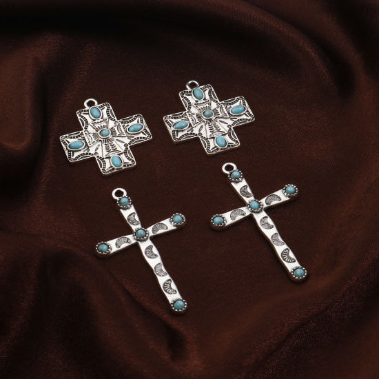 Picture of Zinc Based Alloy Boho Chic Bohemia Pendants Antique Silver Color Green Blue Cross With Resin Cabochons Imitation Turquoise