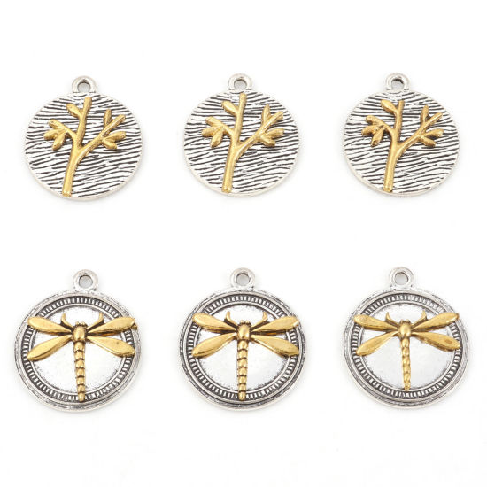 Immagine di Lega di Zinco Charms Libellula Oro Antico & Argento Antico Albero 10 Pz