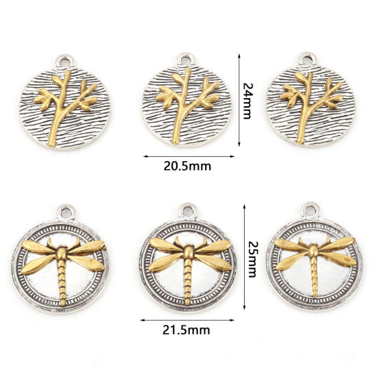 Immagine di Lega di Zinco Charms Libellula Oro Antico & Argento Antico Albero 10 Pz