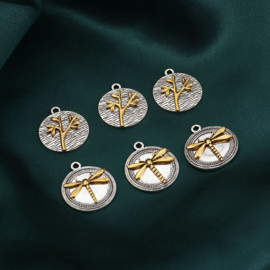 Immagine di Lega di Zinco Charms Libellula Oro Antico & Argento Antico Albero 10 Pz