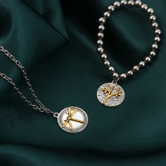 Immagine di Lega di Zinco Charms Libellula Oro Antico & Argento Antico Albero 10 Pz