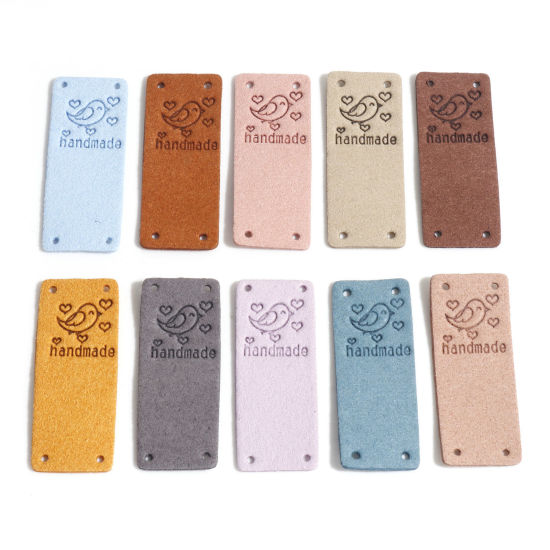 Picture of PU Label Tags Rectangle Multicolor Bird Pattern " Handmade " Faux Suede 5cm x 2cm 