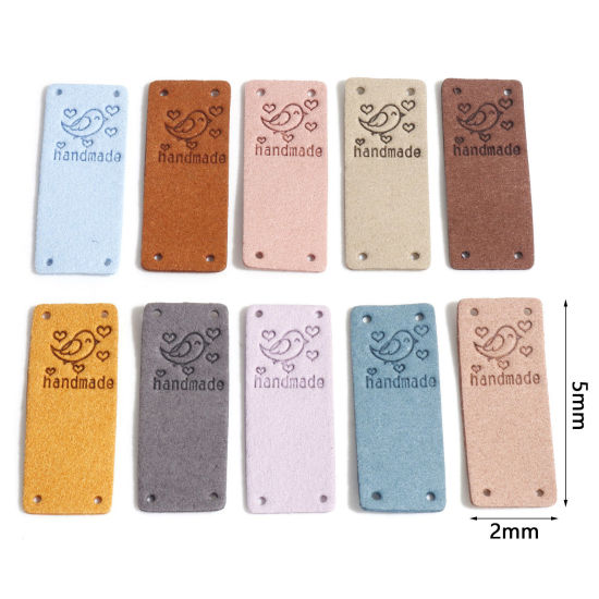 Picture of PU Label Tags Rectangle Multicolor Bird Pattern " Handmade " Faux Suede 5cm x 2cm 