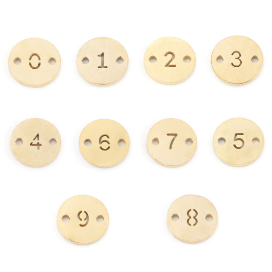 2 個 真空メッキ 304ステンレス鋼 コネクター ペンダント チャーム 円形 金メッキ 数字 透かし 10mm 直径、 の画像