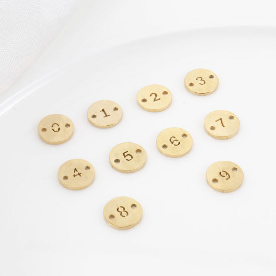 2 個 真空メッキ 304ステンレス鋼 コネクター ペンダント チャーム 円形 金メッキ 数字 透かし 10mm 直径、 の画像