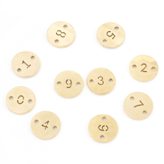 2 個 真空メッキ 304ステンレス鋼 コネクター ペンダント チャーム 円形 金メッキ 数字 透かし 10mm 直径、 の画像
