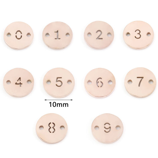 304ステンレス鋼 コネクター 円形 ローズゴールド 数字 透かし 10mm 直径、 2 個 の画像