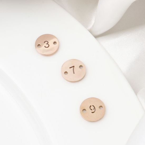 304ステンレス鋼 コネクター 円形 ローズゴールド 数字 透かし 10mm 直径、 2 個 の画像