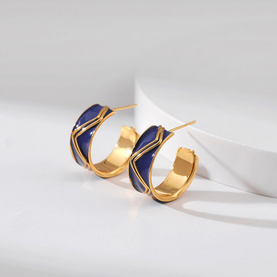 Bild von Umweltfreundlich Retro Stilvoll 18K Echtgold plattiert Bunt Kupfer Welle Emaille Ohrreifen Für Frauen 1 Paar