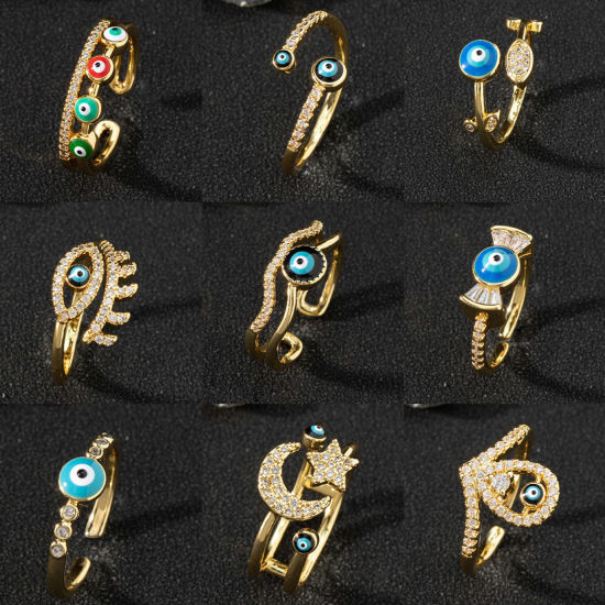 Picture of Brass Retro Open Rings Evil Eye Gold Plated Enamel Clear Rhinestone                                                                                                                                                                                           