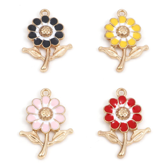 Image de Breloques en Alliage de Zinc Tournesol Doré Multicolore Émail 27mm x 19mm, 10 Pcs
