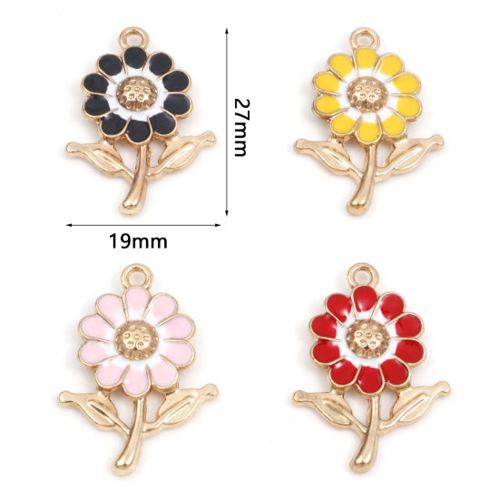 Image de Breloques en Alliage de Zinc Tournesol Doré Multicolore Émail 27mm x 19mm, 10 Pcs