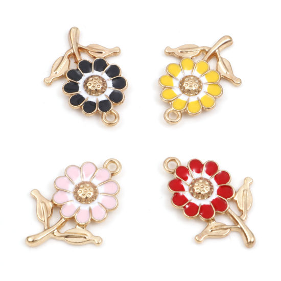 Image de Breloques en Alliage de Zinc Tournesol Doré Multicolore Émail 27mm x 19mm, 10 Pcs