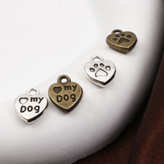 Bild von Zinklegierung Haustier Denkmal Charms Herz Bunt Pfotenabdruck Message " My Dog " Doppelseitig 13mm x 10mm, 20 Stück