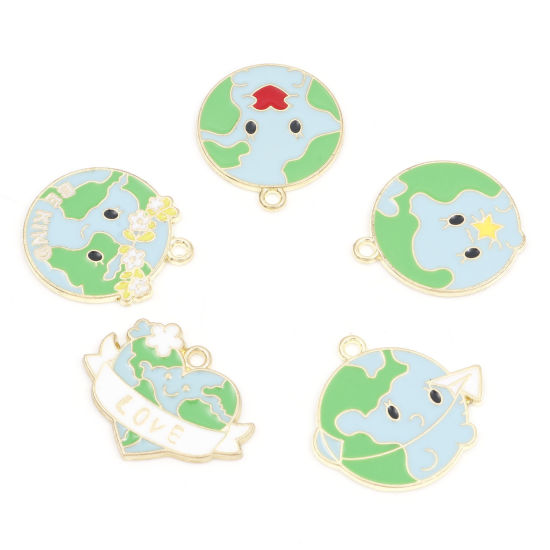 Immagine di Lega di Zinco Charms Pianeta Terra Oro Placcato Blu & Verde Smalto 5 Pz