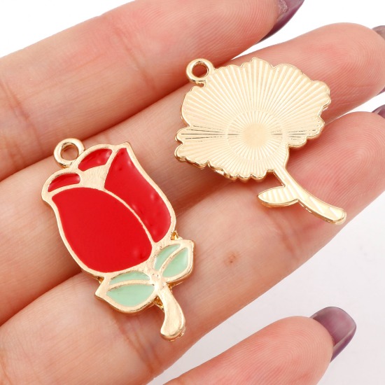 Изображение Цинковый Сплав День святого Валентина Подвески роза Позолоченный Красный & Зеленый С Эмалью 10 ШТ