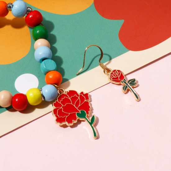 Изображение Цинковый Сплав День святого Валентина Подвески роза Позолоченный Красный & Зеленый С Эмалью 10 ШТ