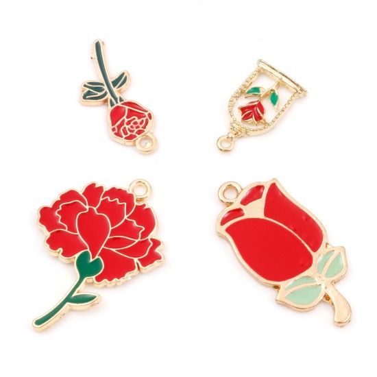Изображение Цинковый Сплав День святого Валентина Подвески роза Позолоченный Красный & Зеленый С Эмалью 10 ШТ