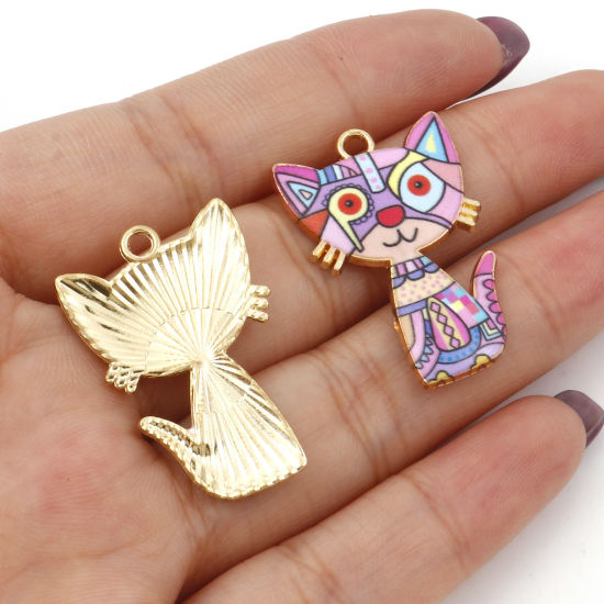 Picture of Zinc Based Alloy Pendants Gold Plated Multicolor Cat Animal Enamel 3cm x 2cm