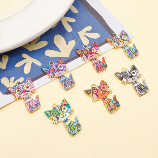 Picture of Zinc Based Alloy Pendants Gold Plated Multicolor Cat Animal Enamel 3cm x 2cm