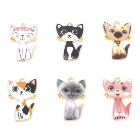 Zamak Colgantes Gato Chapado en Oro Multicolor Esmalte 3cm x 2cm, 10 Unidades
