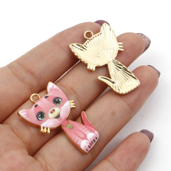 Picture of Zinc Based Alloy Pendants Gold Plated Multicolor Cat Animal Enamel 3cm x 2cm