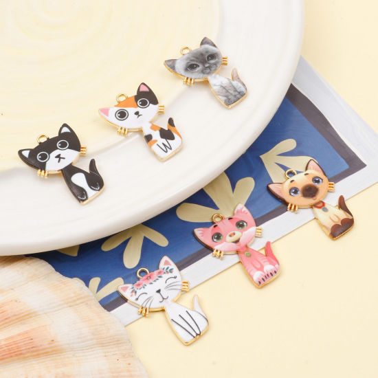 Picture of Zinc Based Alloy Pendants Gold Plated Multicolor Cat Animal Enamel 3cm x 2cm