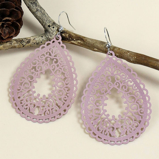 Image de Boucles d'Oreilles Estampe en Filigrane Multicolore Goutte d'Eau Fleurs Creuses Laqué 1 Paire