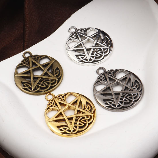 Bild von Zinklegierung Religiös Anhänger Pentagramm Stern Bunt Keltisch Knoten Hohl 3.5cm x 3cm, 5 Stück
