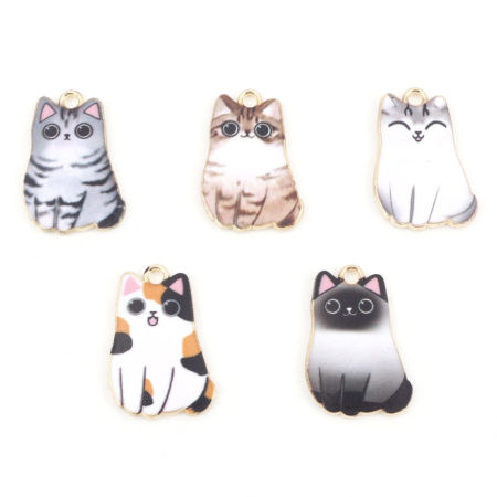 Picture of Zinc Based Alloy Charms Gold Plated Multicolor Cat Animal Animal Enamel 25mm x 17mm