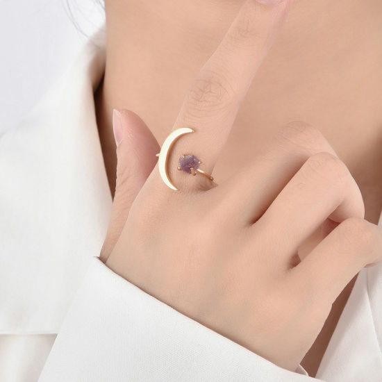 Picture of Eco-friendly Simple & Casual Stylish 18K Real Gold Plated Stone & Copper Open Half Moon Rings For Women