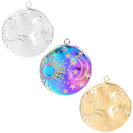 304 Stainless Steel Charms Multicolor Round Sun Textured 23mm x 21mm