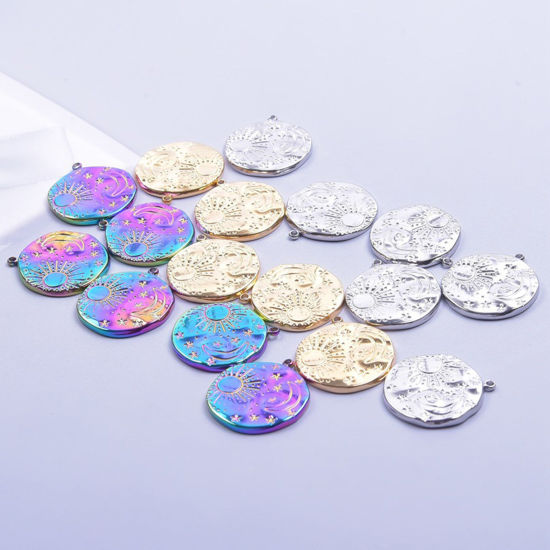 Picture of 304 Stainless Steel Charms Multicolor Round Sun Textured 23mm x 21mm