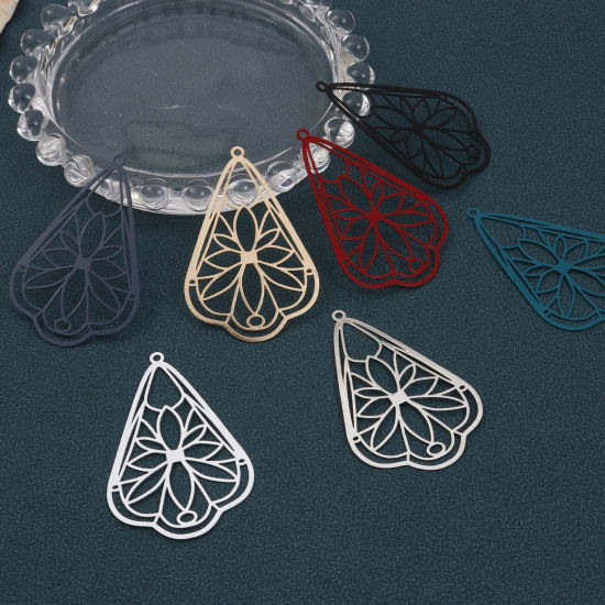 Imagen de Hierro Colgantes Gota Multicolor Flor Pintura 4.9cm x 3.2cm, 10 Unidades