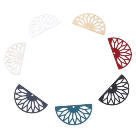 Iron Based Alloy Pendants Multicolor Half Round Flower Painted 3.1cm x 1.7cm