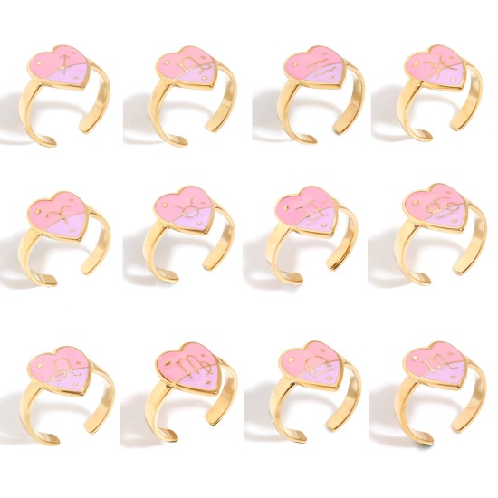 Picture of 304 Stainless Steel Valentine's Day Open Rings Gold Plated Pink & Purple Heart Constellation Enamel 17.3mm(US Size 7)