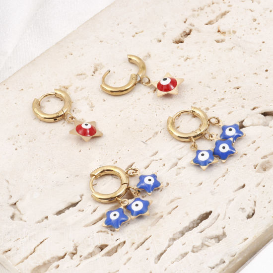 Picture of 304 Stainless Steel Religious Hoop Earrings Gold Plated Multicolor Evil Eye Enamel