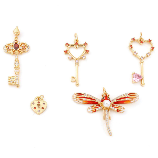 Picture of Brass Charms Gold Plated Heart Dragonfly Micro Pave Clear & Red Rhinestone