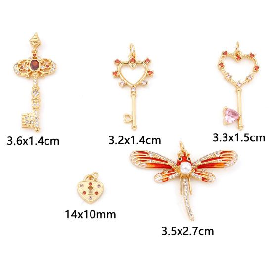 Picture of Brass Charms Gold Plated Heart Dragonfly Micro Pave Clear & Red Rhinestone