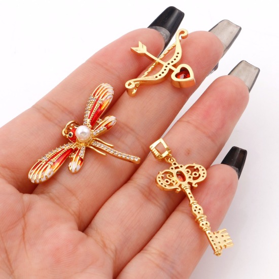 Picture of Brass Charms Gold Plated Heart Dragonfly Micro Pave Clear & Red Rhinestone