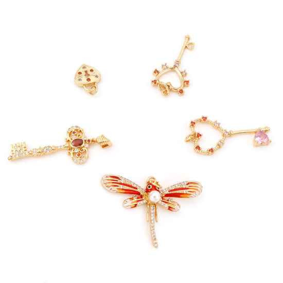 Picture of Brass Charms Gold Plated Heart Dragonfly Micro Pave Clear & Red Rhinestone