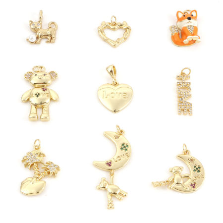 Picture of Brass Charms Gold Plated Bear Animal Moon Micro Pave Multicolor Rhinestone