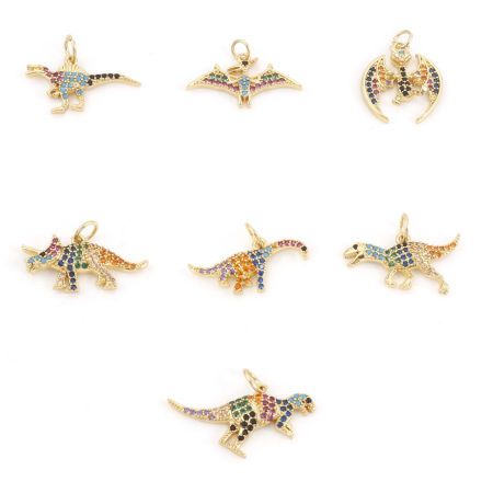 Brass Charms Gold Plated Dinosaur Animal Micro Pave Multicolor Rhinestone